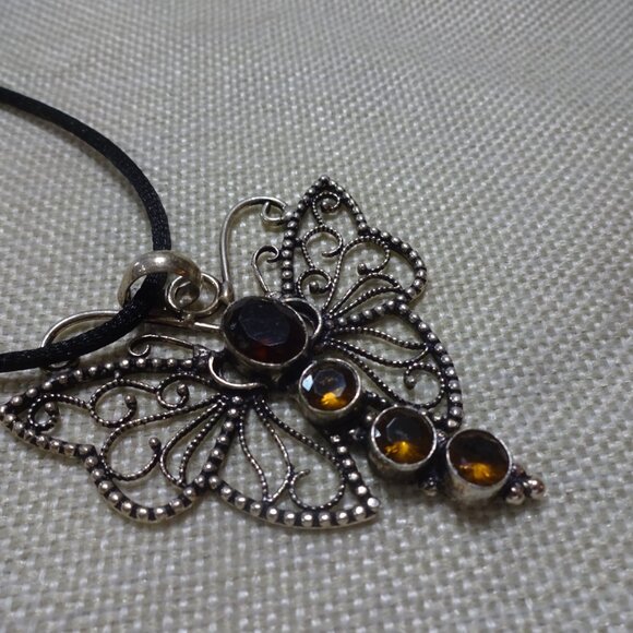 Whimsical BUTTERFLY with AMBER & CITRINE Handmade Silver Pendant/Cord #241C - Picture 3 of 3